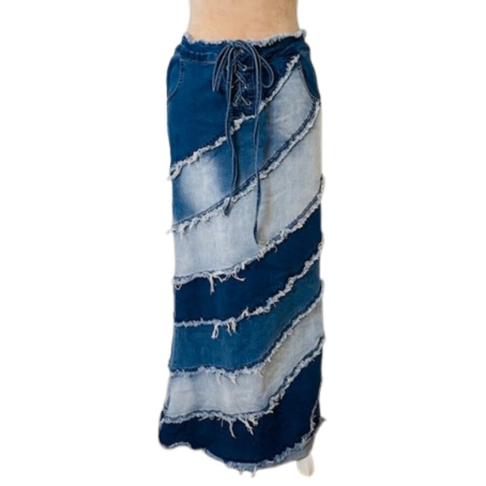 Dolls Kill Blue Two-Tone Distressed Denim Maxi Skirt